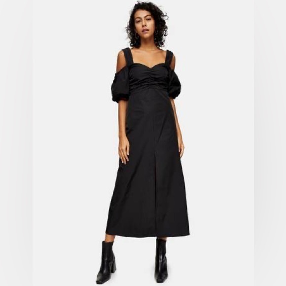 TOPSHOP Black Taffeta Cold Shoulder Bardot Midi Dress - Picture 12 of 12